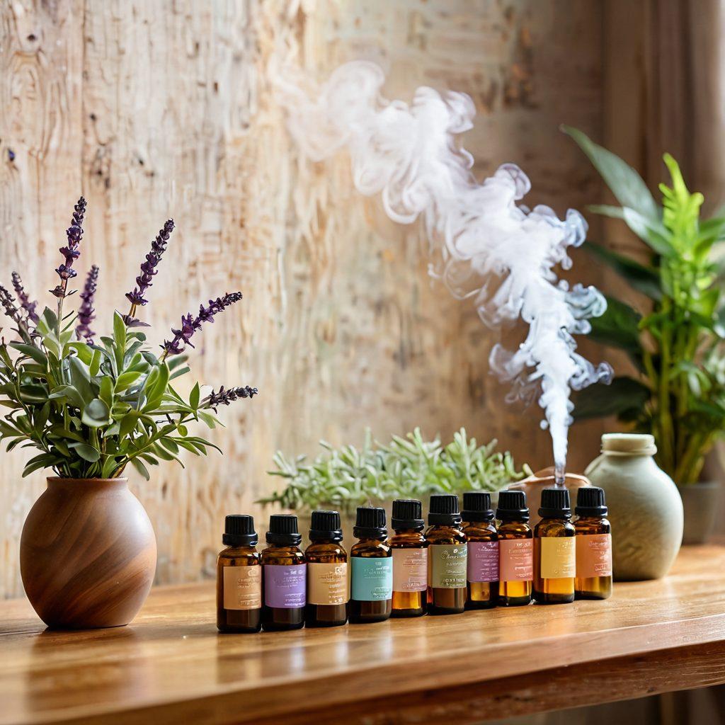 A serene room filled with soft, warm lighting, showcasing an array of essential oil bottles on a wooden table. In the background, a person practices aromatherapy with a diffuser emitting gentle wisps of fragrant steam. Lush plants and calming textures enhance the atmosphere, evoking a sense of healing and tranquility. The color palette is soothing with pastel hues and natural elements. super-realistic. vibrant colors. 3D.